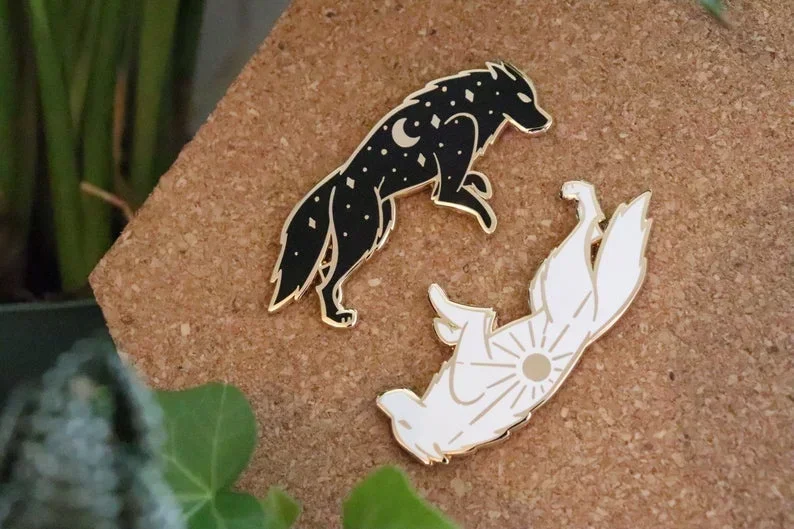 Sun and Moon Wolf Hard Enamel Pins Animal Badge Brooch for Jewelry Accessory