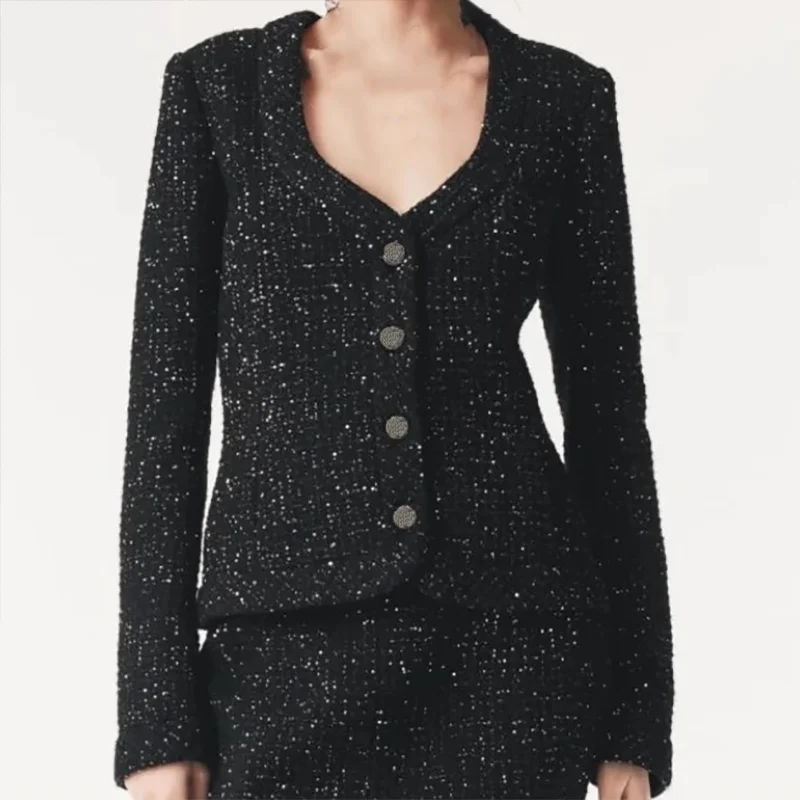 Wysokiej jakości tweedowy płaszcz damski z dekoltem w kształcie litery U, zdobiony cekinami, w stylu koreańskim, modna i stylowa kurtka 251107110