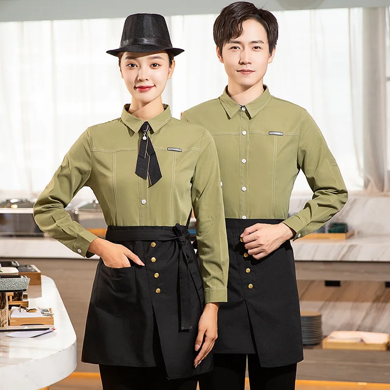 L-6XL Long Sleeve Restaurant Waiter Uniform for Women Hotel Food Service Waitress Shirt Western Cafe Cooking Wear Staff Overalls