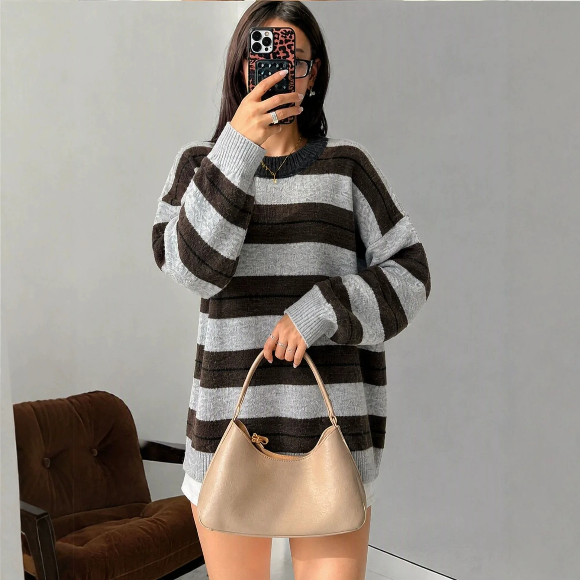 Women's Long Striped Sweater Dress Oversized Knitted Pullover Color Block Crewneck Loose Baggy Tunic Top Streetwear Y2K
