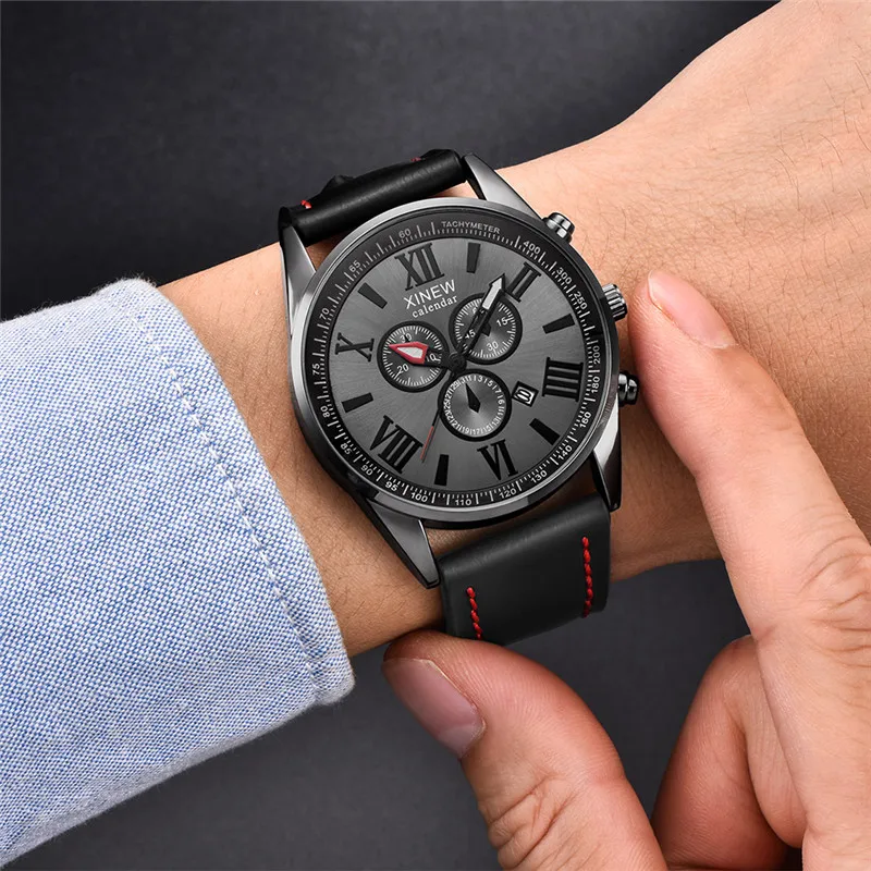 1 unid/lote, relojes de marca XINEW para hombres, correa de cuero de moda para estudiantes, regalos, reloj de cuarzo con fecha, reloj negro para hombre, reloj Masculino