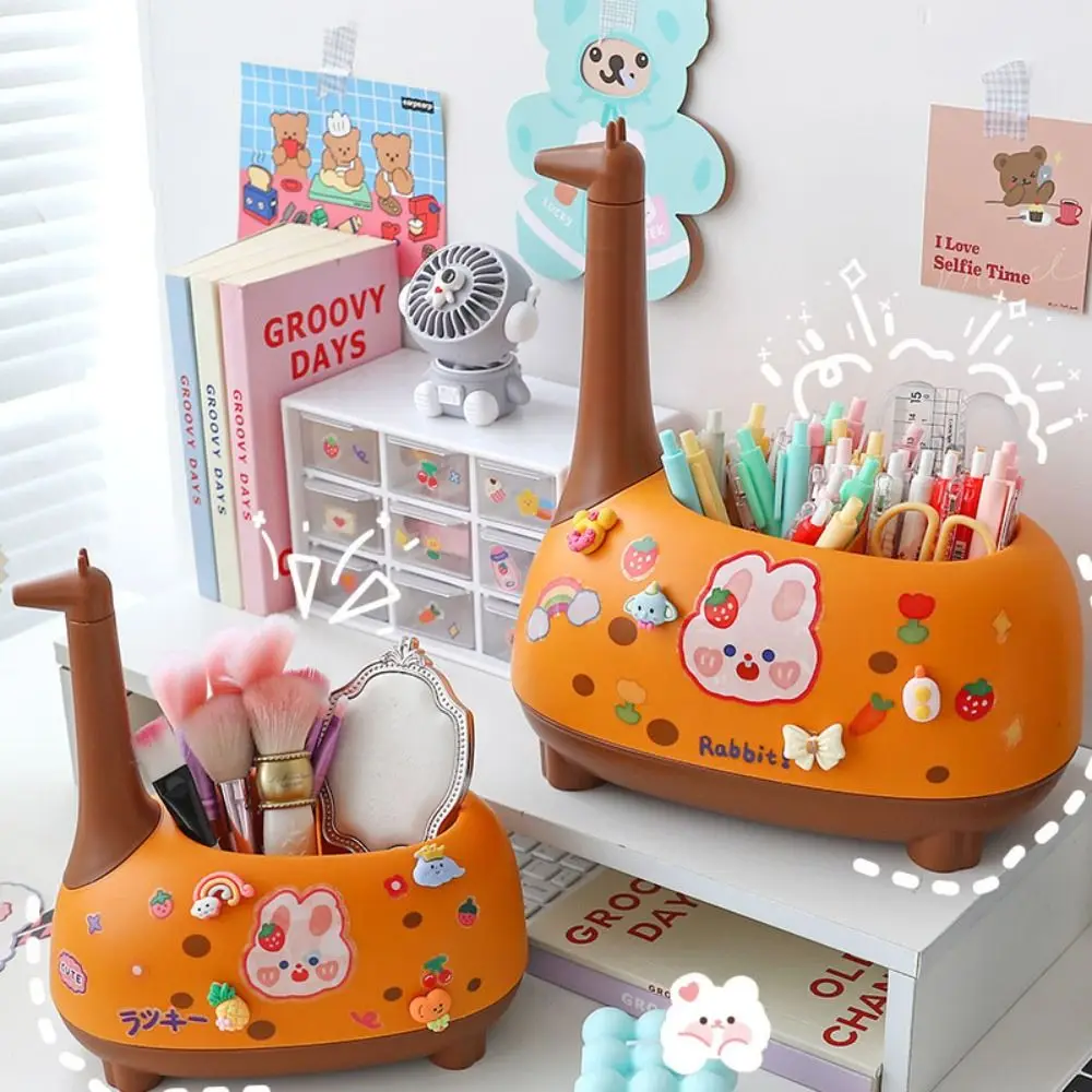 Cute Giraffe Pen Holder Large Capacity Cartoon Pen Container Plastic Set Firmly Makeup Brush Holder Dresser