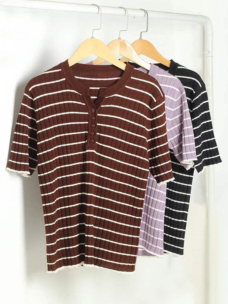 SuyaDream, T-shirt da donna a righe, girocollo, camicia chic a maniche corte, 70% seta 30% cotone, Top accogliente primavera estate 2025,