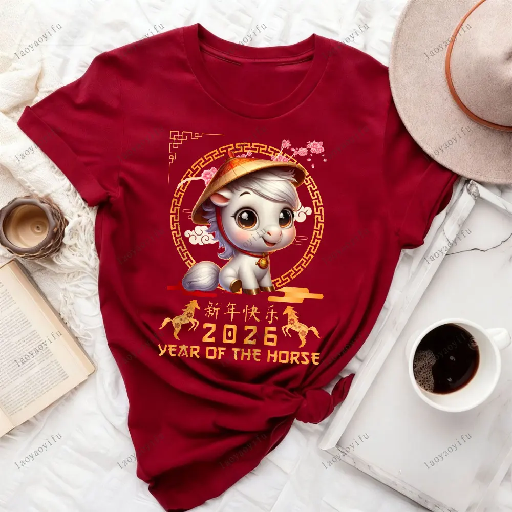 

Year of The Horse 2026 Chinese Lunar New Year 2026 Unisex Women T Shirt Cute Cartoon Horse Sweatshirt Tops Ropa Mujer Tees