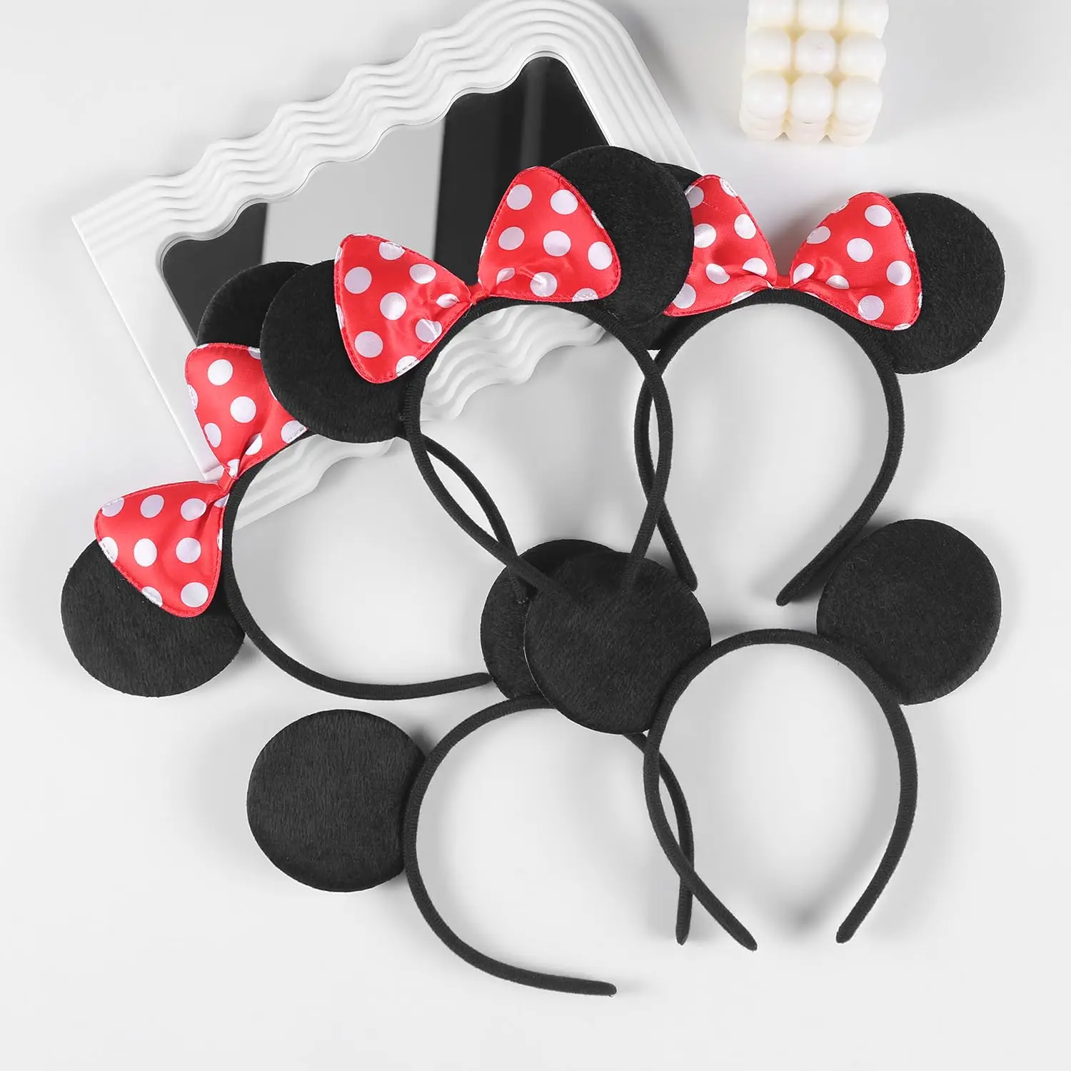 12 piezas de orejas de Mickey Minnie, diadema con lazo de Disney, color negro puro, rojo y rosa, tema de ratón, suministros de regalo para fiesta de cumpleaños