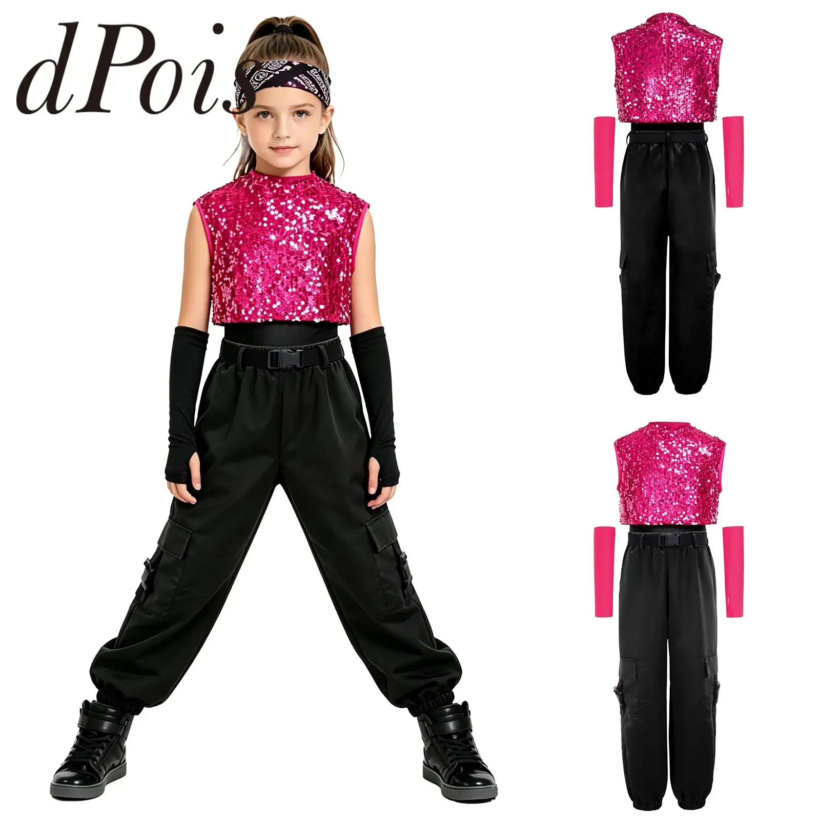 Kids Fashion Streetwear Cargo Pants Teens Hip Hop Clothes Rave Disco Costume for Girls Jazz Dance Outfit Button Bodysuit
