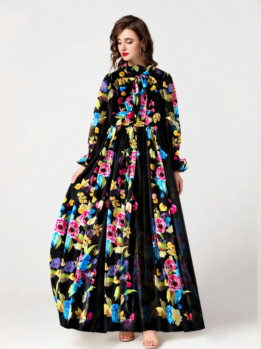 Damenkleid mit Schnürung, Schleifenkragen, langen Ärmeln, Blumenmuster, elegantes Maxi-Designer-Kleid