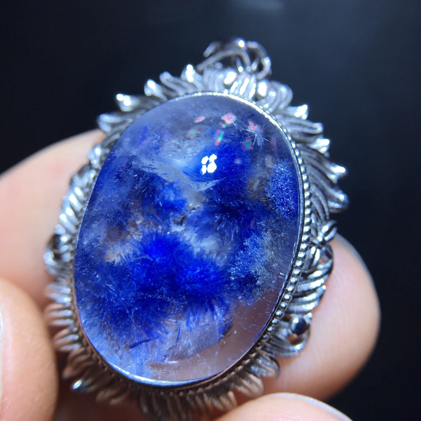 Natural Blue Rutilated Dumortierite Quartz Pendant 19.5/14.3mm Oval Rectangle Clear Flower Necklace Gold Jewelry AAAAAAA