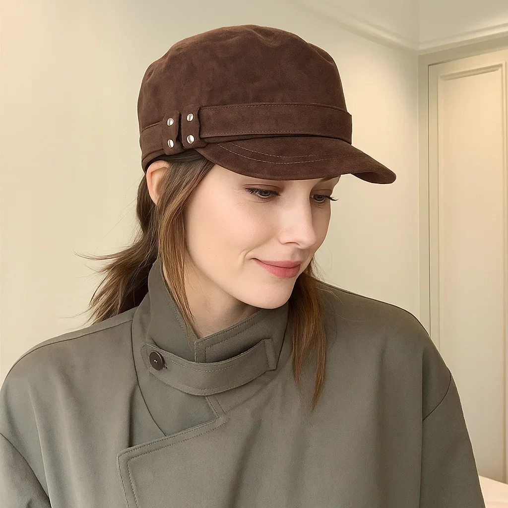 Damen Wildleder Newsboy Cap |   Vintage Achteckige Baskenmütze mit Kurzer Krempe, Flache Marine-Baker-Boy-Mütze für Damen Wintermode