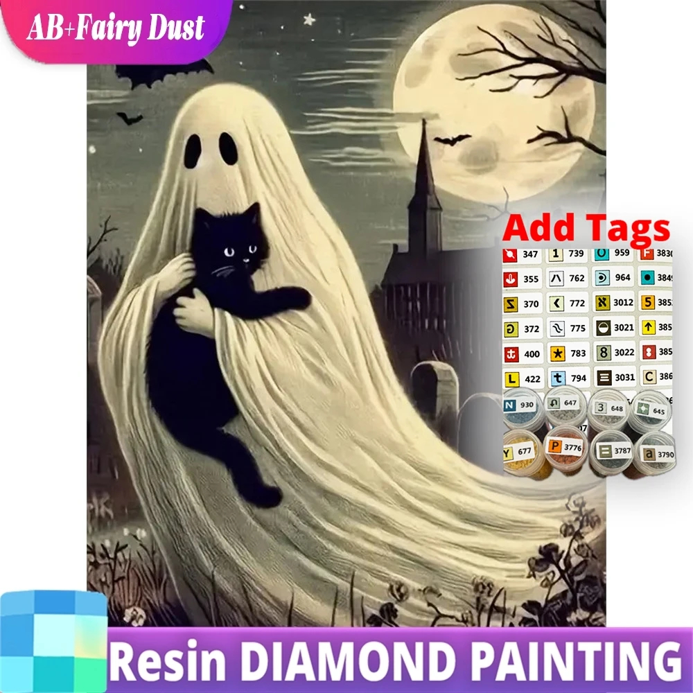 

Смола AB Фея Пыль Алмазная Мозаика Черный Кот Животное DIY Новое Прибытие Алмазная Картина Призрак Картина Стразы Вышивка Луна H