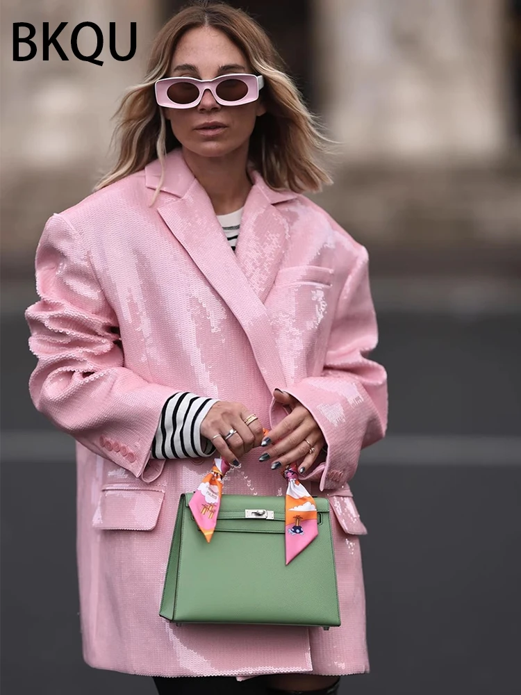 BKQU 2024 New Double Breasted Blazer Coats Women Fashion Party Club Clothes Long Sleeves Sequin Shinny Jackets Luxury Oversized