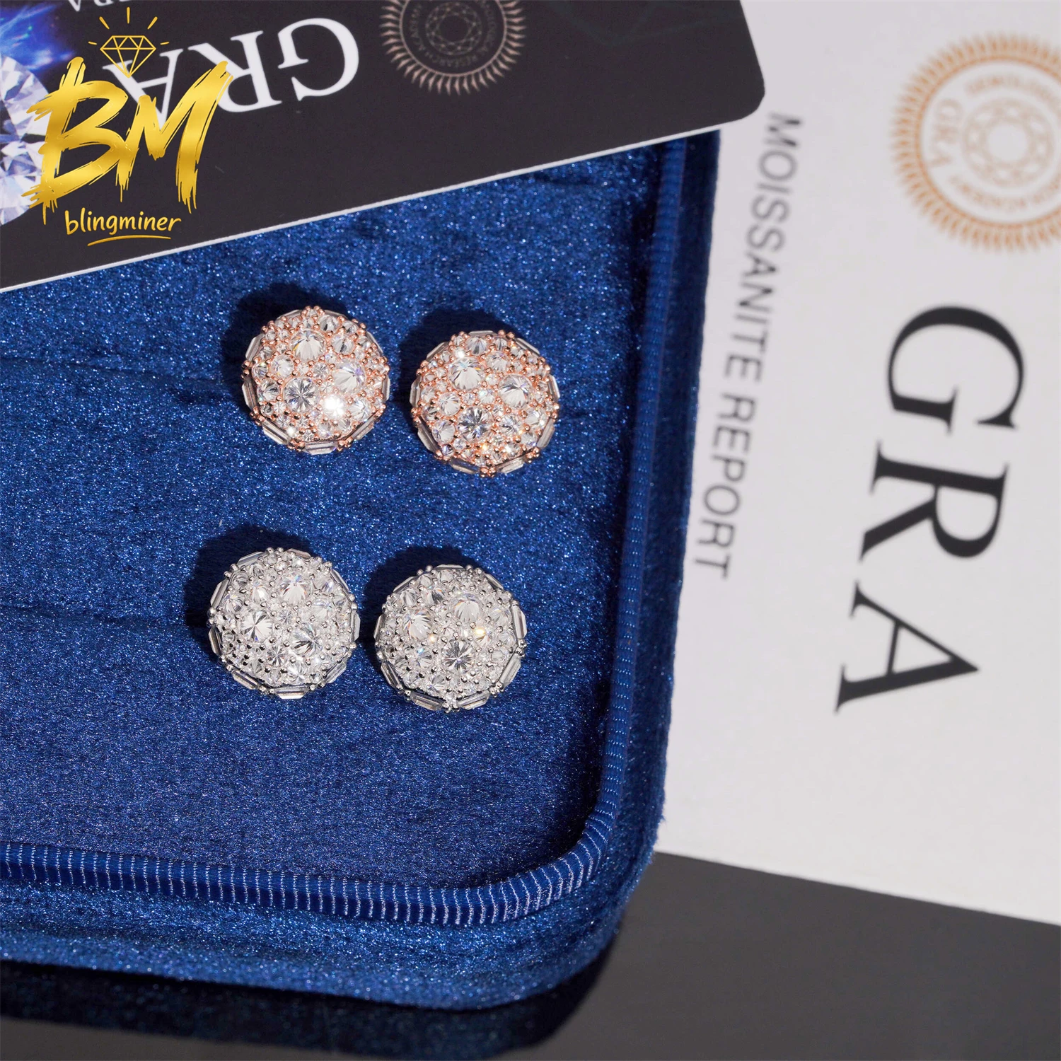 Blingminer 12.5mm Round Inverted Setting VVS Moissanite Earrings For Men Women S925 Silver Ear Studs Jewelry Pass Diamonds Teste