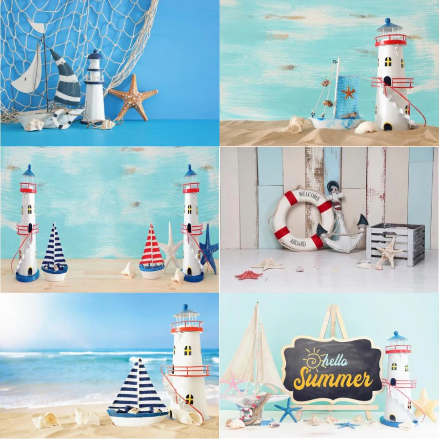 

Photography Backdrops For Sea Summer Birthday Party Seaside Light Tower Ship Starfish Baby Child Photozone Photo Backgrounds