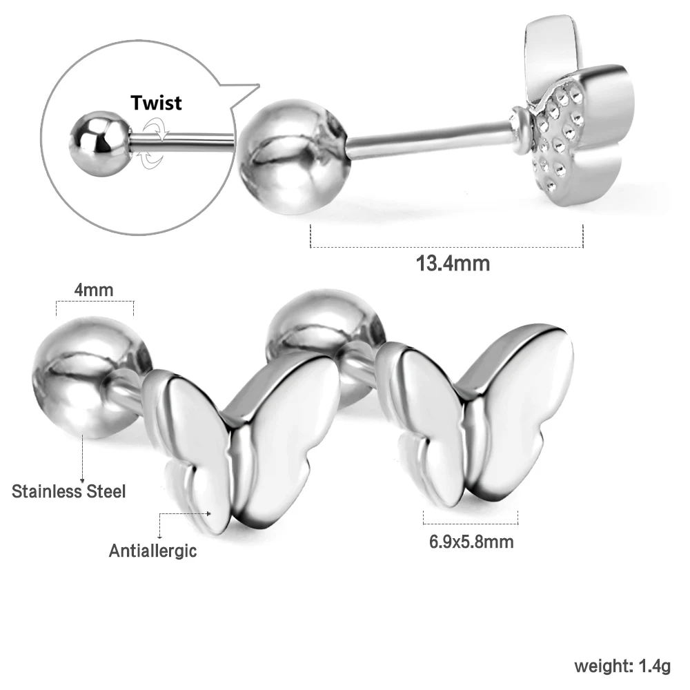 Wholesale 3Pairs Tiny Butterfly Stud Earrings Stainless Steel Screw Back Anti Allergy Piercing Jewelry Bulk For Resellers