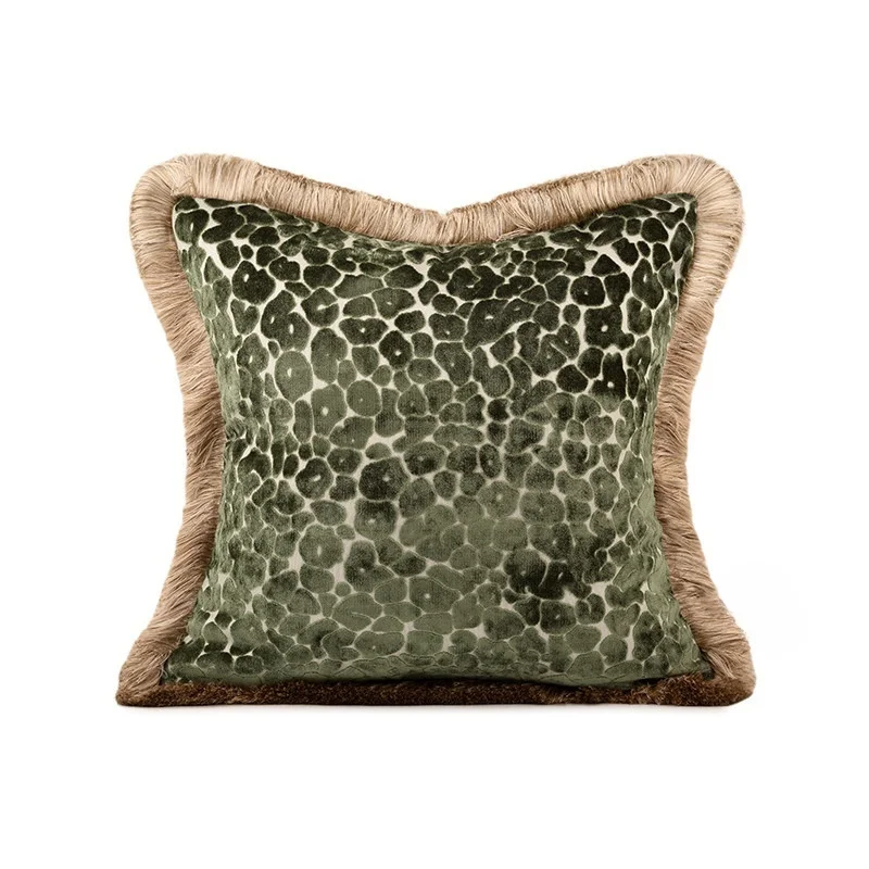 Green Leopard Print Jacquard Pillows Luxury Cushion Case Tassel Square Decorative Pillow Cover For Sofa Chair Home Decorations