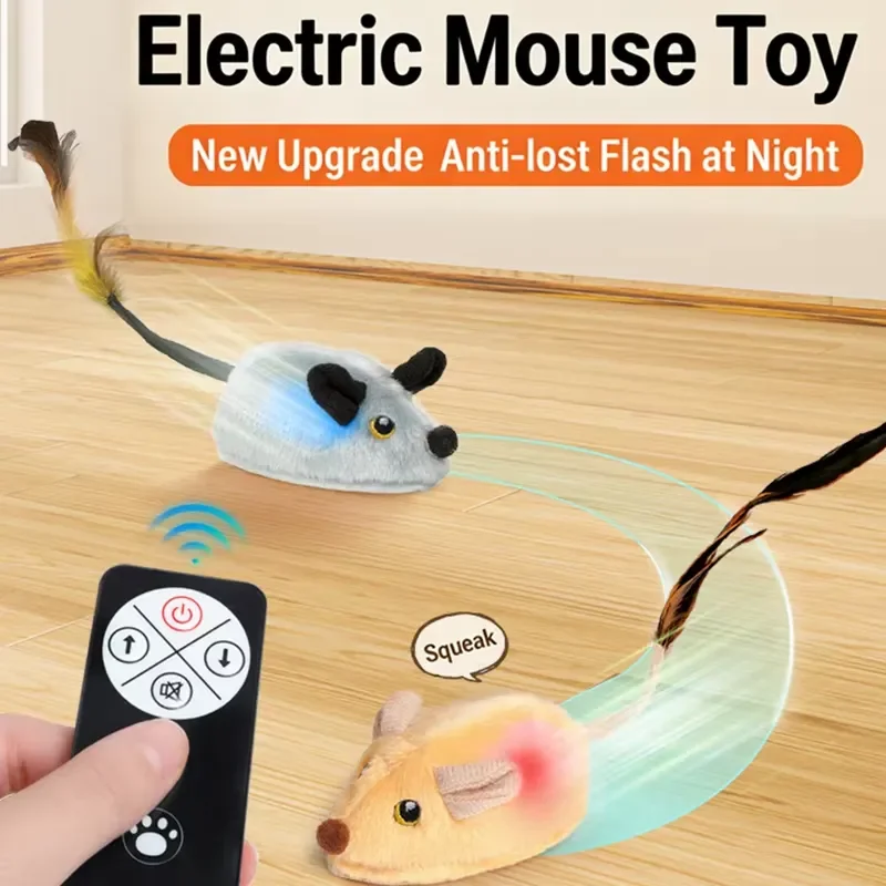 USB Rechargeable Remote Control Smart Sensor Electric Plush Moving Interactive Feather Mouse Dog Cat Toy for Indoor Cats