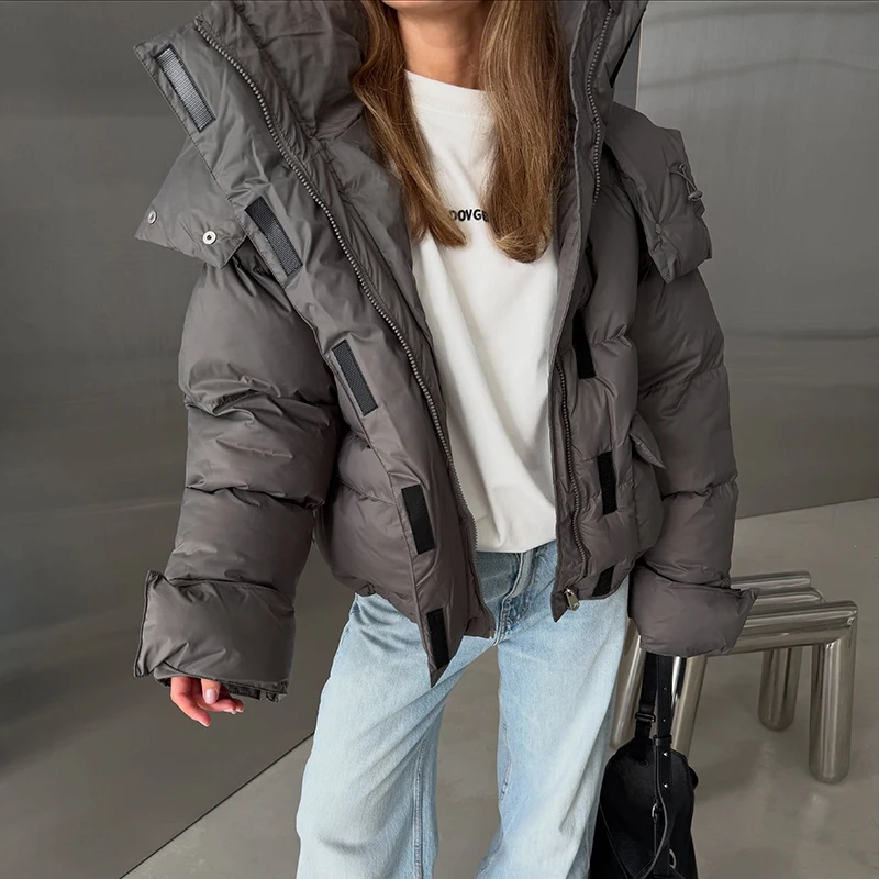 Kapuzenjacke mit Großen Taschen, Übergroße Gefütterte Jacken für Damen, Street-Style, Stehkragen, Lange Ärmel, Reißverschluss, Einfarbig, Lose Pufferjacken, Neue Oberbekleidung – Detail 10