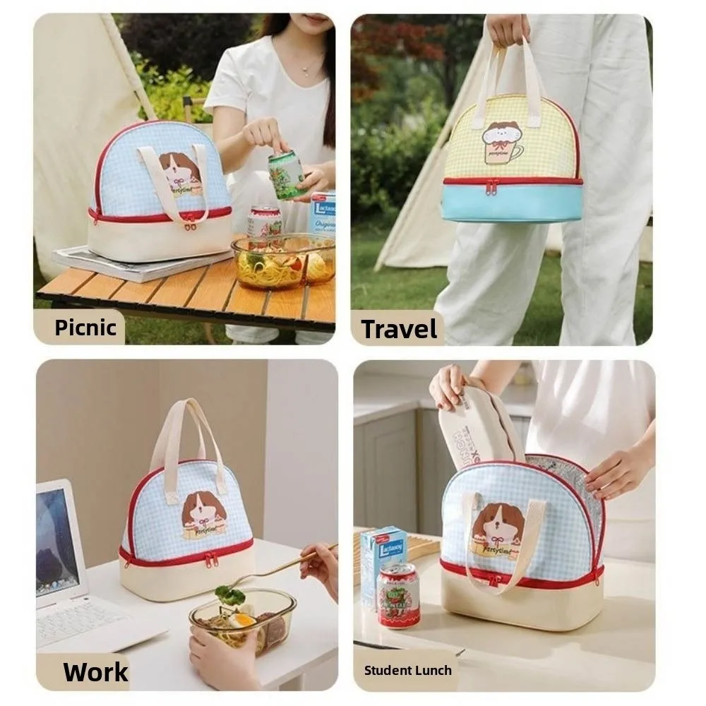 Portable Double-layer Cartoon Lunch Bag Fresh-Keepin Large Capacity Picnic Bag Leakproof Lightweight Insulated Tote Bag Girls
