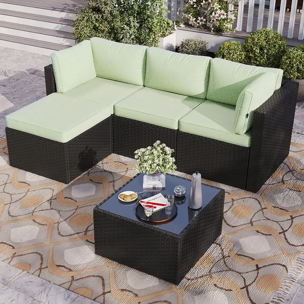 

5-Piece Weather-Resistant Rattan Sectional Sofa Set with Glass Table for Outdoor Patio, Mint Green