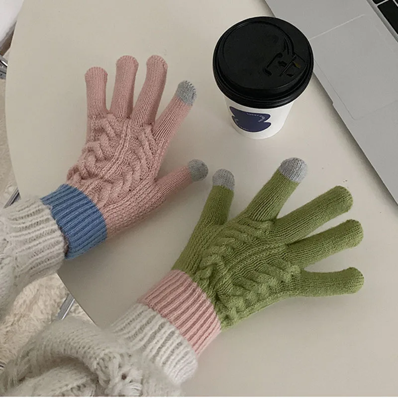 Unisex Wool Knitted Gloves Color Block Winter Women Cute Touch Screen Gloves Outdoor Men Riding Hiking Cold Full Finger Gloves