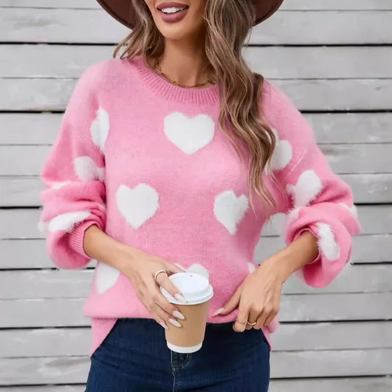 Love\'s Knit Sweaters Pullovers Winter Women\'s Tops New Valentine\'s Day Love Casual Loose O-neck Full Lantern Warm Thick Sweater