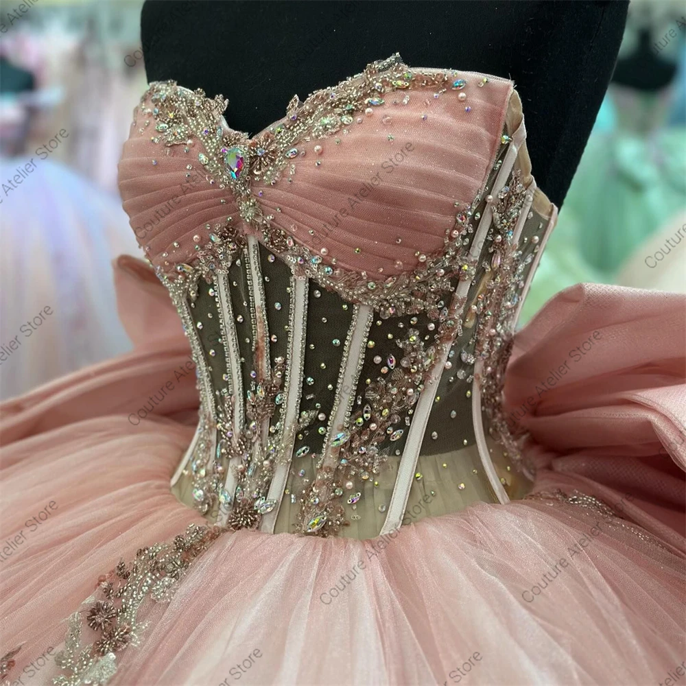 Exquisite Pink Sweet 16 Quinceanera Dresses Rhinestones Corset Applique Ball Gown With Bow vestidos xv años nuevos Customized