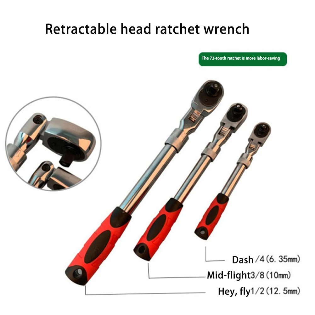 72 Teeth 1/4 1/2 3/8 Telescopic Ratchet Spanner Automatic Quick Release Adjustable 90 Degrees Scaffold Handle Ratchet Wrench Set