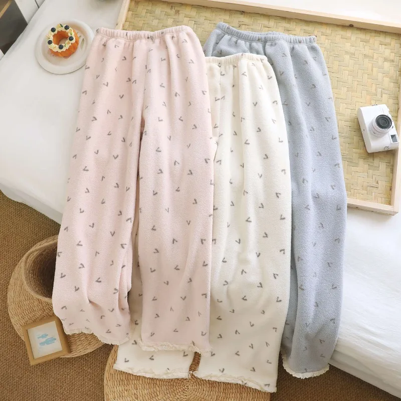 2027 New Autumn And Winter Women's Sleeping Pants Flannel Lace Small Heart Sweet And Cute Home Warm Pants Bottoms Girl