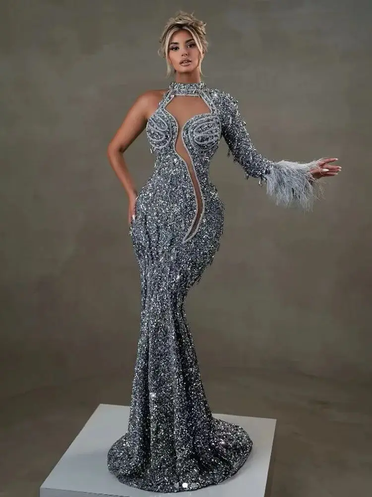 

Women's Silver Sequin Bandage Dress One Shoulder Fringe Sleeve Embroidered Mermaid Gown Feather Trim Evening Party Dress
