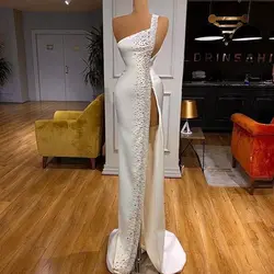 White One Shoulder Prom Dresses High Slit Satin Beading Elegant Sexy Special Occasion Women Dress Plus Size Pageant Gowns