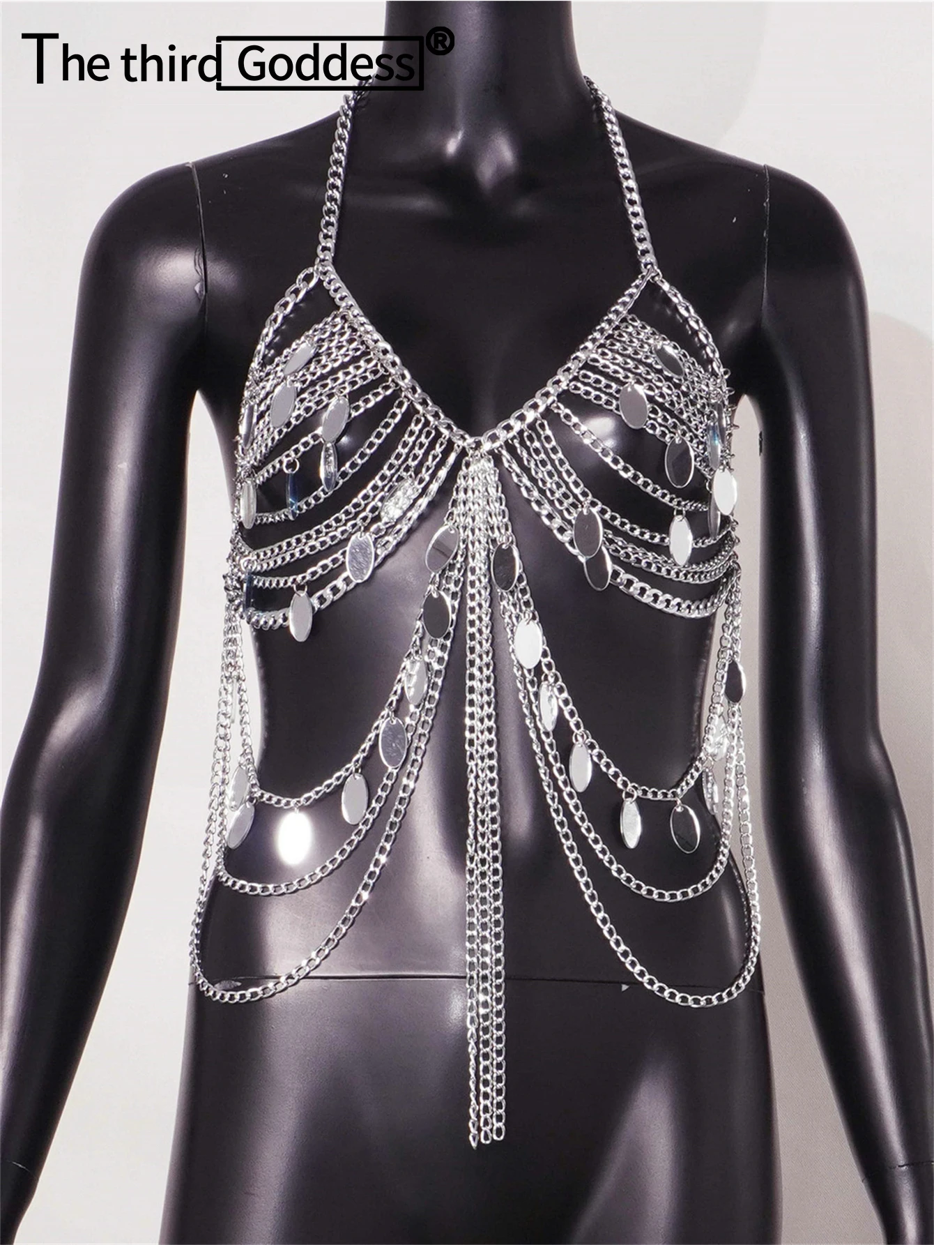 Sexy y2k see through sequin corset crop top women summer halter body metal chain tank top cropped club party rave outfit tops