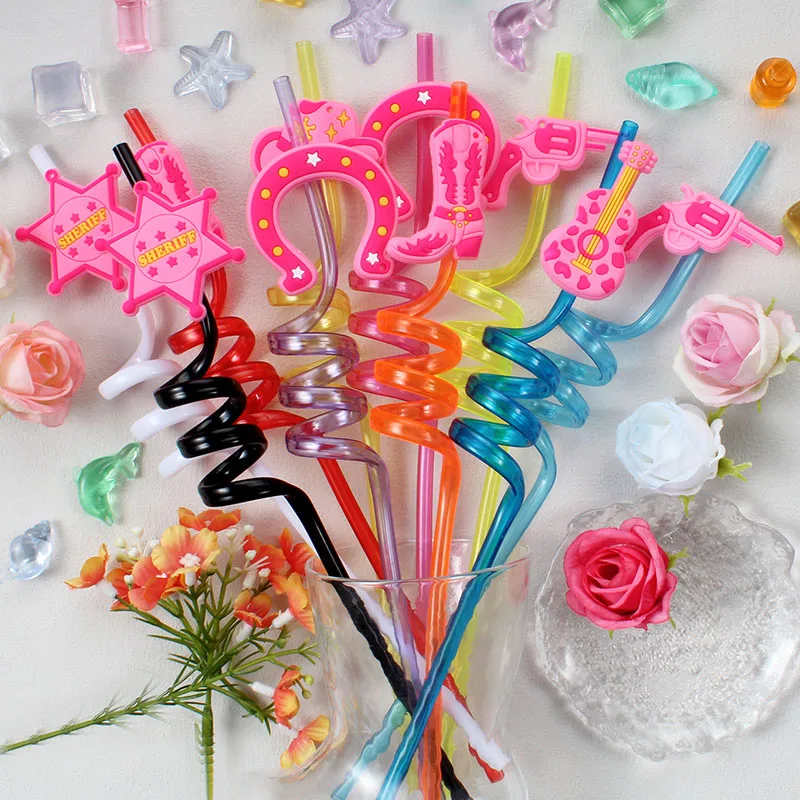 

12pcs Pink Western Cowgirl Theme Straws PET Material Straws, Reusable Milk Drink Accessories for Birthday Party Supplies