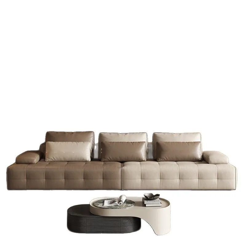 

Leather sofa, Italian minimalism, first layer cowhide, living room straight row light luxury