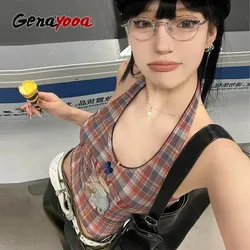 Genayooa Vintage Mesh Tops Women Sleeveless Plaid Print Tank Tops Y2k Retro Backless Camis Tops Streetwear 2000s Japanses Summer