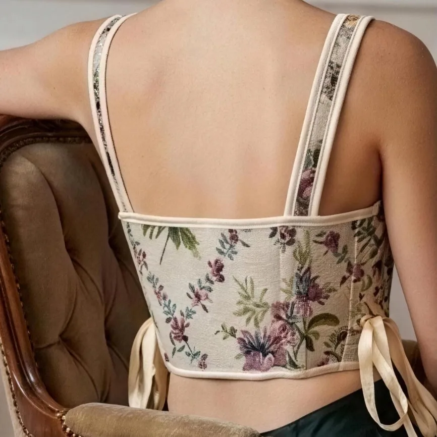 Corset Top With Fish Bone Straps Vintage Floral Camisole, Side-tie Slim-fit Top Side-tie Shape Wear For Women 93K0 view 5