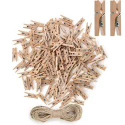 100pcs Mini Natural Wooden Clips Photo Clips Clothespin DIY Wedding Party Wooden Clip Clips Pegs With 10m Jute Twine