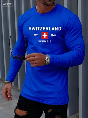 تي شيرت رجالي أساسي لخريف وشتاء 2026 مريح غير رسمي رياضي سويسري مطبوع برقبة دائرية وأكمام طويلة ملابس دافئة #3