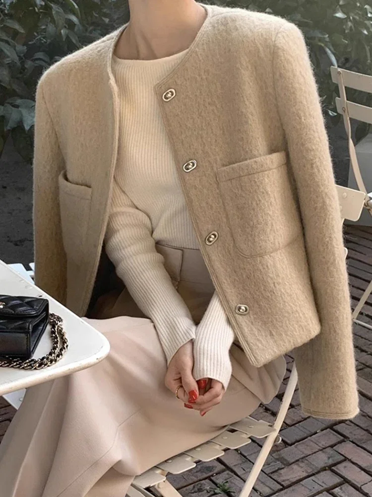 South korea Chic Autumn Gentle Retro round Neck Chic Button Double Pocket Loose All-Match Long sleeve Woolen Jacket Women