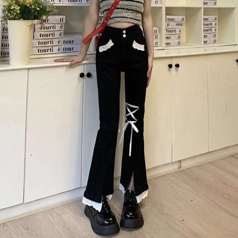 

Slit Design Flared Sweatpants Lace Edges Black Straight Jeans Women's Trousers Summer Spring Hotweet Girl High Waist Pantalones