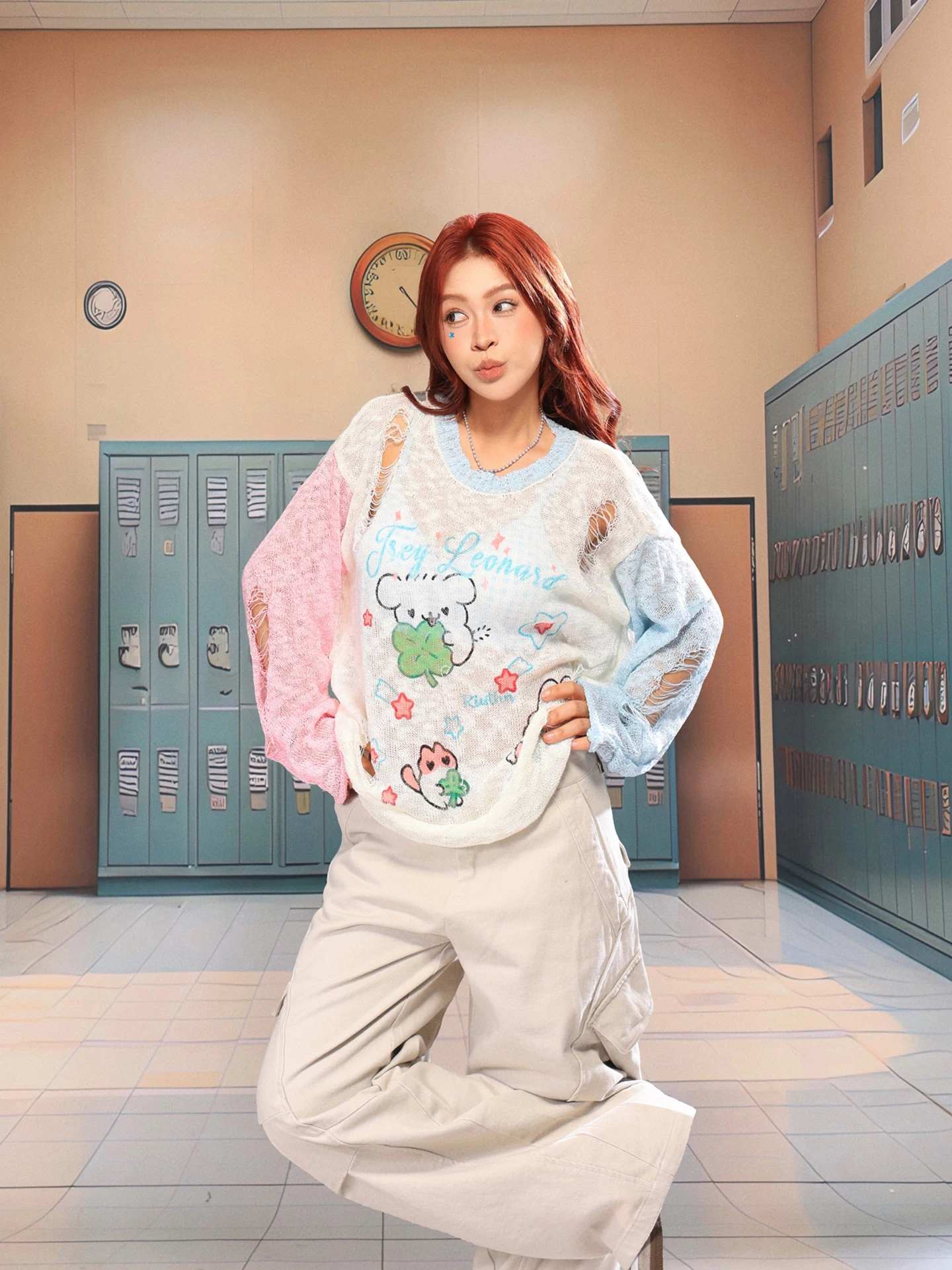

Light Blue American Cartoon Long Sleeve T-Shirt Women's Summer Lightweight Loose Hole Net Cover Shirt Casual Style Universal Fit