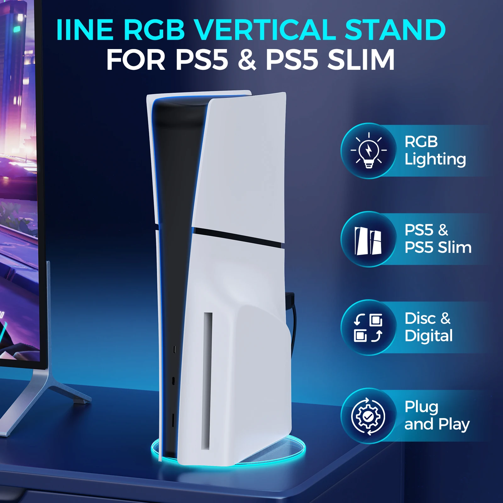 IINE RGB ขาตั้งแนวตั้งสําหรับ PS5 และ PS5 Slim RGB Lighting Disc & Digital Plug and Play ติดตั้งแบบสแนปอินได้ง่าย