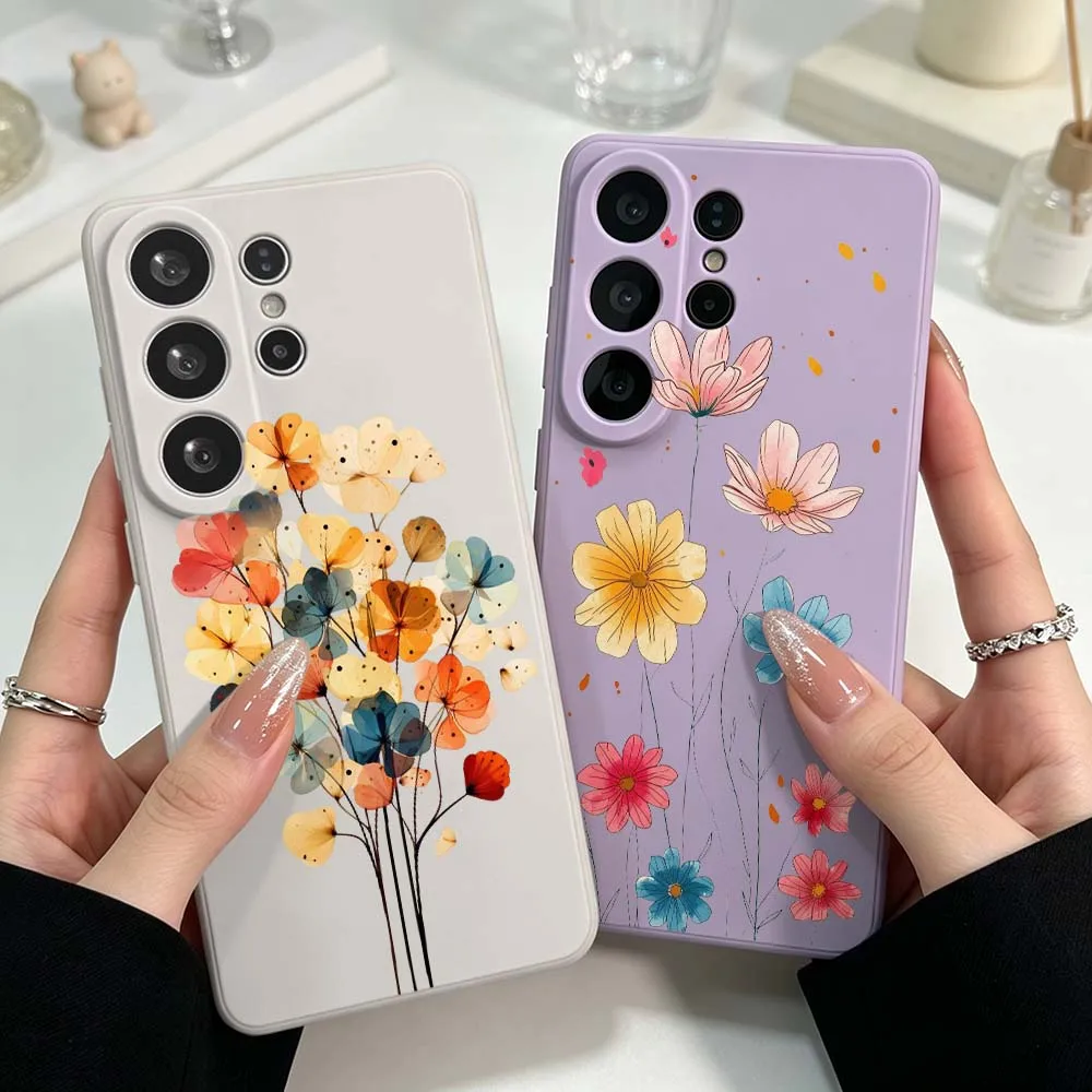 Floral Pattern Design Cover For Samsung Galaxy S26 S25 S24 S23 S22 S21 Ultra Plus FE Soft Silicone Liquid Phone Case