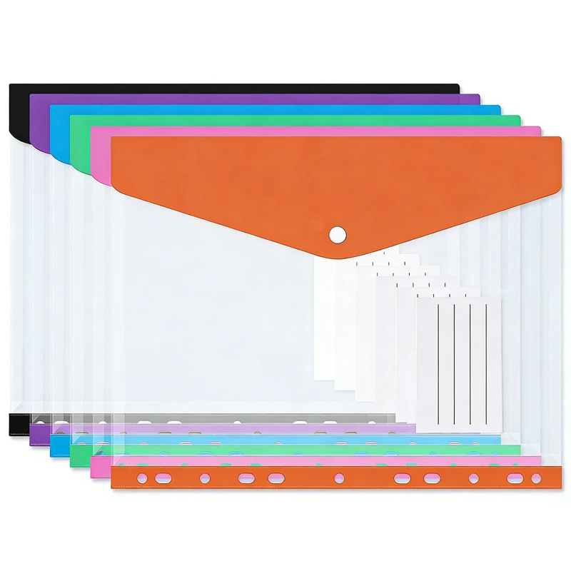 6Pcs A4 Plastic Envelopes with Snap Buttons, 11-Hole Expandi