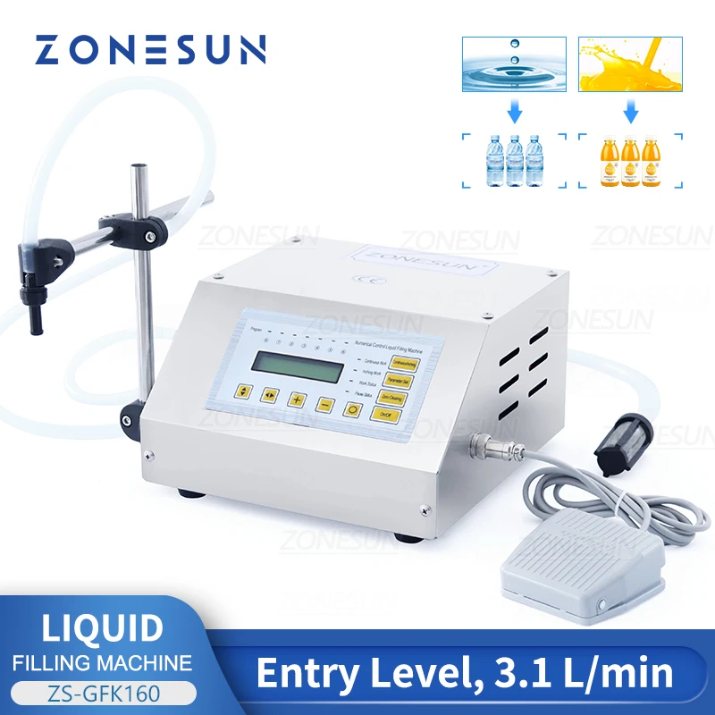 ZONESUN ZS-GFK160 Entry Level Liquid Filling Machine 3.1L/min Diaphragm Pump Digital Control Small Juice Water Oil Bottle Filler