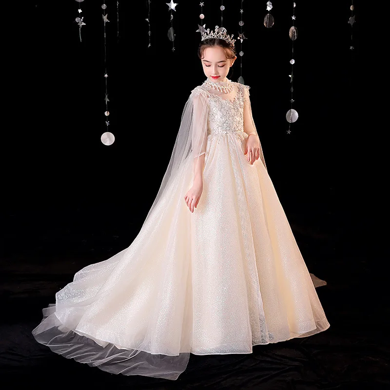 

Платье с хвостом для девочек, свадебное платье принцессы с цветочным узором для девочек, модный детский костюм для выступлений на фортепиано для маленьких девочек