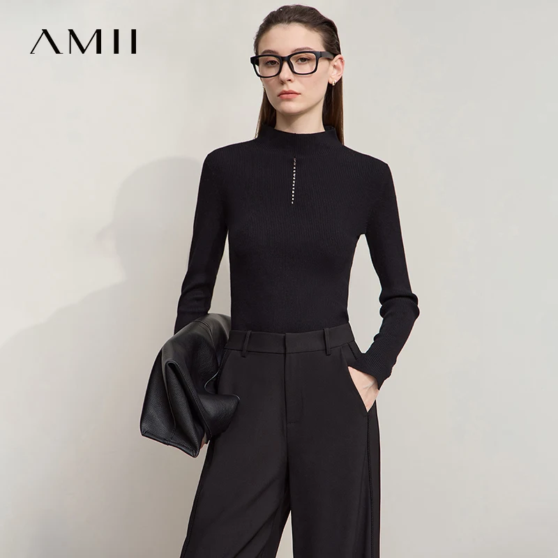 

AMII Women's Sweater 2025 Autumn New Long Sleeve Semi-turtleneck Hollow Women's Sweater Slim Versatile Knit Top Female 12553076