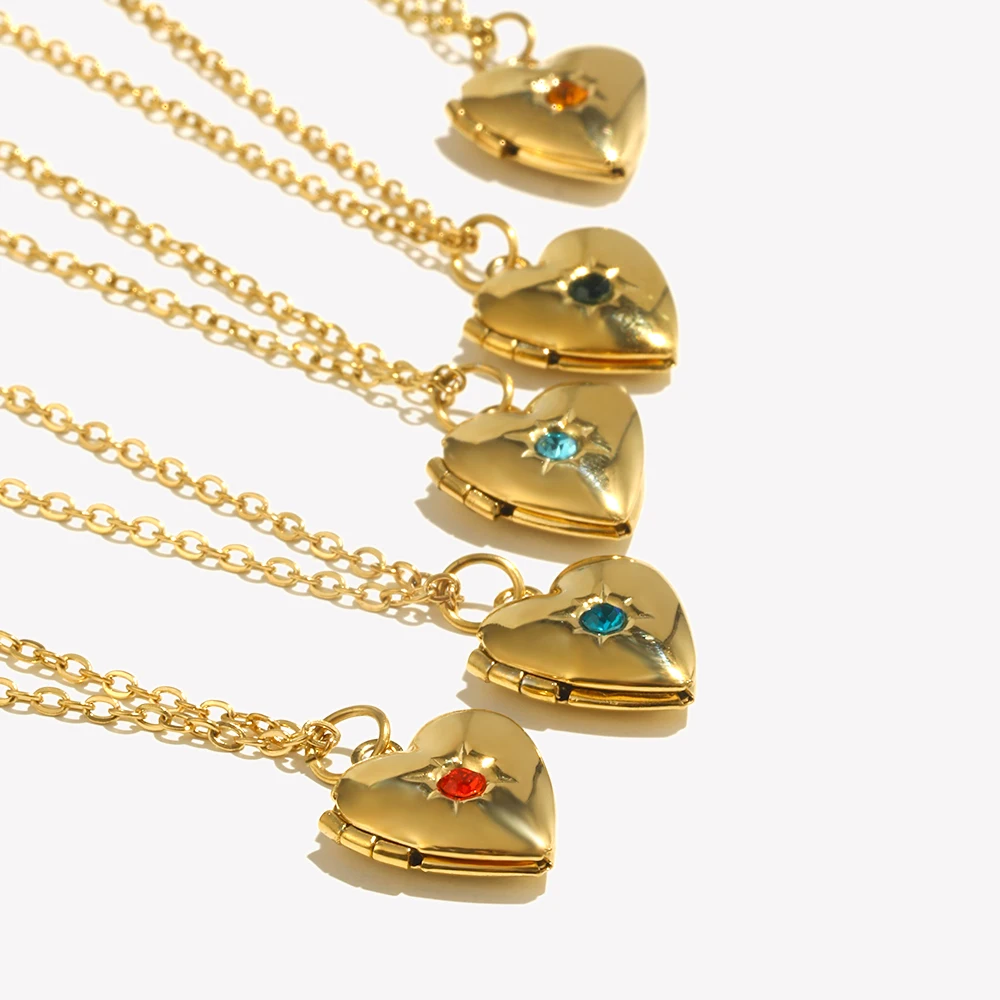 E.B.belle Birth Stone Heart Shape Photo Box Pendant Necklace 316L Stainless Steel Women Jewelry Anniversary Gift Hypoallergenic