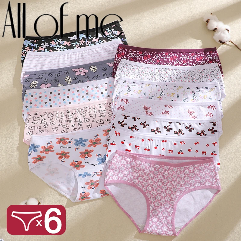 6 Stück mehrfarbige Damen-Baumwollunterwäsche, mittelhohe Slips, niedlicher Blumen- und Streifendruck, weiche, atmungsaktive Damen-Slips für den täglichen Gebrauch.