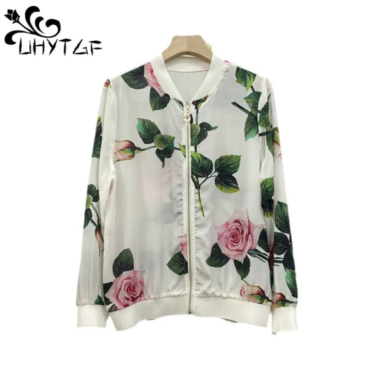 

UHYTGF Thin Chiffon Sunscreen Jacket Women Fashion Print Zipper Summer Coat Female Middle-Aged Mom 5XL Large Size Outerwear 2716