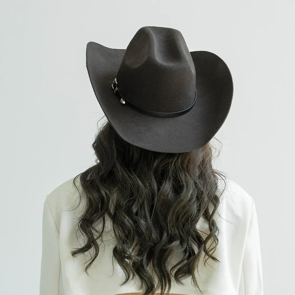 USPOP New Autumn Winter Women Fedoras with Belt Buckle Wide Brim Rolled Wool Cowboy Hat M L Size Obtainable